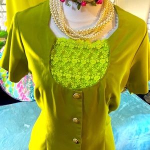 Pistachio and spring green homemade skirt set with lace neck inset